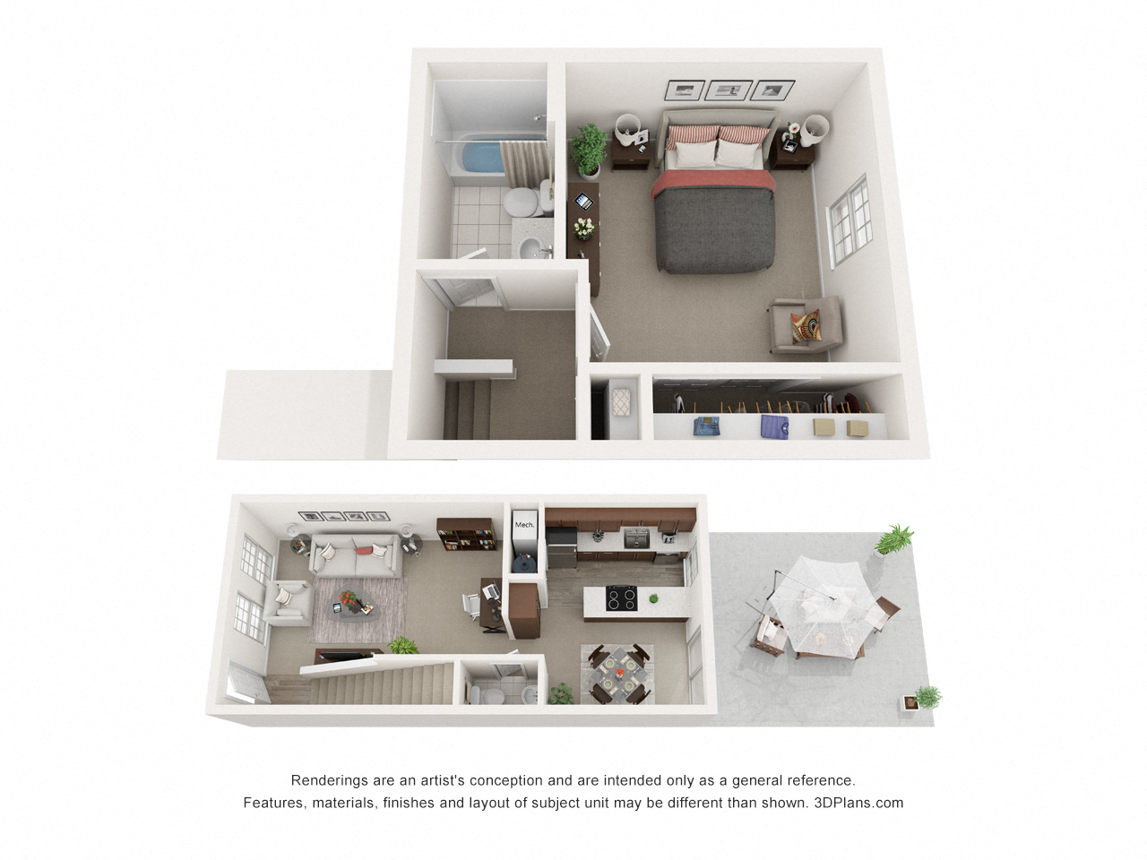 Floor plan for 1 bed, 1.5 baths, 900 sqft